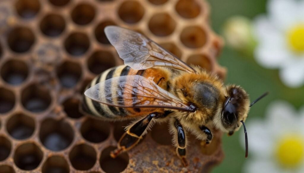 A close-up view of a deformed honeybee wing, showcasing irregularities and mutations, emphasizing the fragility of insect anatomy. The foreground captures the wing's intricate veining and textured surface under soft, diffused lighting to highlight the details. In the middle, a blurred honeycomb structure symbolizes the bee colony’s environment, illustrating both life and vulnerability. The background features a softly lit, natural setting, with hints of flowers and greenery, evoking a sense of loss and urgency for colony protection. The overall mood is somber yet hopeful, reflecting the need for resilience in bee populations. A macro lens perspective enhances the focus on the wing’s deformities, framed to fill the image with a sense of significance.