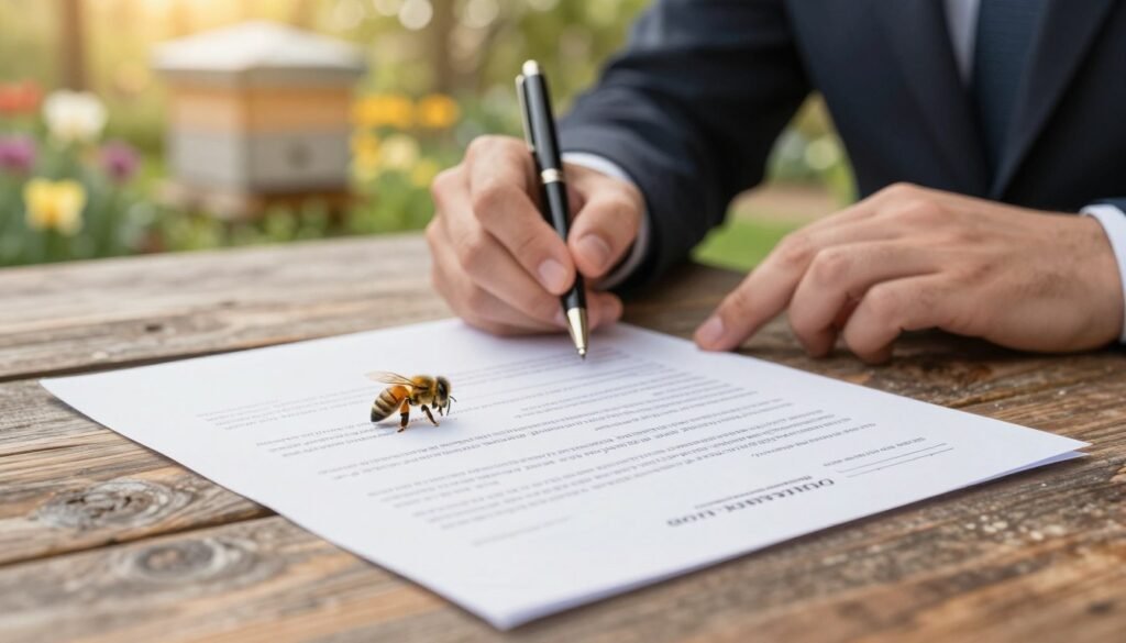 A close-up view of a detailed pollination contract lying on a rustic wooden table, with a honey bee gently resting nearby. The foreground highlights the contract text, featuring sections on legal agreements and payment terms, written in elegant script. In the middle ground, a pair of hands in professional business attire are reviewing the contract, a pen poised to sign. The background displays a softly blurred garden with blooming flowers and a beehive, bathed in warm, natural sunlight filtering through leaves, creating a serene and focused atmosphere. The lens captures the scene from an overhead angle, emphasizing the importance of communication in pollination agreements, while maintaining a calm and professional mood.