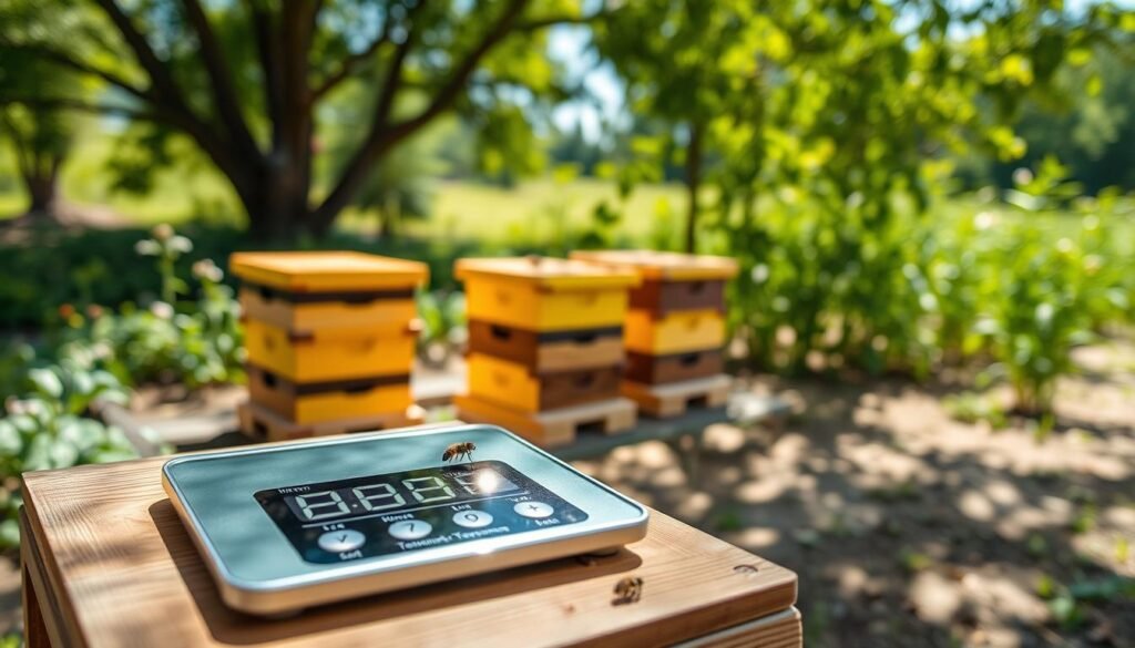A close-up view of a digital hive scale placed on a wooden apiary stand in an outdoor setting. The foreground features the sleek, modern design of the scale, with a clear display showing weight and temperature readings. In the middle ground, bee boxes with vibrant yellow and black stripes are stacked neatly, and a few bees can be seen surrounding the area. The background showcases a lush green garden under bright, natural sunlight filtering through trees, creating dappled shadows on the ground. The atmosphere is serene and productive, capturing the essence of beekeeping. Use a sharp focus on the scale with a shallow depth of field to highlight its features, while softening the background for a professional look. A close-up view of a digital hive scale placed on a wooden apiary stand in an outdoor setting. The foreground features the sleek, modern design of the scale, with a clear display showing weight and temperature readings. In the middle ground, bee boxes with vibrant yellow and black stripes are stacked neatly, and a few bees can be seen surrounding the area. The background showcases a lush green garden under bright, natural sunlight filtering through trees, creating dappled shadows on the ground. The atmosphere is serene and productive, capturing the essence of beekeeping. Use a sharp focus on the scale with a shallow depth of field to highlight its features, while softening the background for a professional look.
