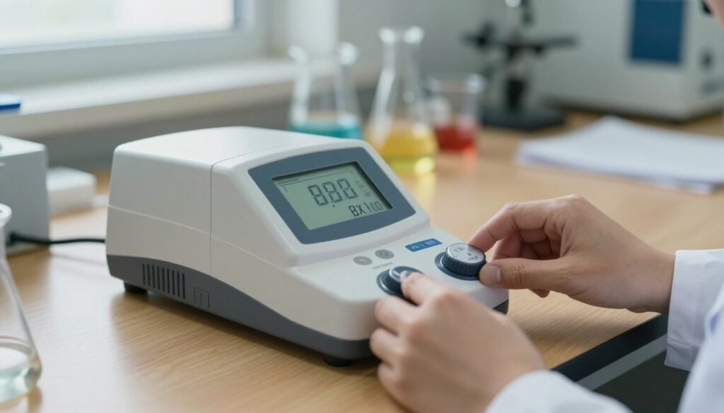 A close-up view of a digital refractometer placed on a polished wooden laboratory table, showcasing a Brix reading being influenced by varying temperature measurements displayed on a small LCD screen. In the foreground, include a hand in a lab coat adjusting the temperature control dial, with a soft focus on the hand to emphasize action. The middle layer features the refractometer prominently, capturing its sleek design, with the blurred background displaying laboratory equipment and colorful liquids in glass beakers, hinting at a scientific atmosphere. Utilize soft, natural lighting coming from a nearby window to create a calm and focused mood, capturing the essence of precision in measurement.
