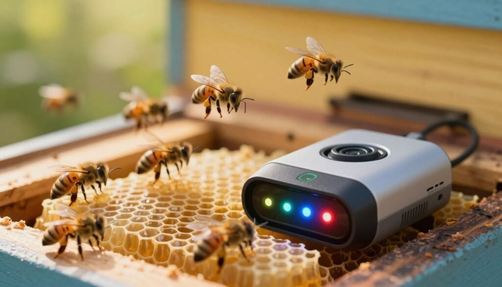 A close-up view of a digital tracking system for bees within a vibrant hive. In the foreground, a sleek, high-tech sensor device is nestled among honeycomb structures, with realistic details like sensor lights blinking in various colors. The middle ground features animated bees interacting with the sensor, showcasing their natural behavior as they communicate. In the background, a soft, warm light filters through the hive opening, creating a cozy and inviting atmosphere. The lens angle is slightly tilted downwards to capture the brilliance of the hive environment in sharp focus, emphasizing both technology and nature. The mood is one of innovation blending harmoniously with the organic world, conveying the importance of tools for effective field assessments.