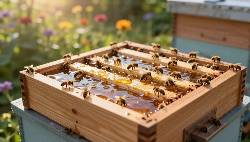 A close-up view of a division board feeder for beekeeping, showcasing a well-constructed wooden feeder with multiple compartments filled with sugar syrup. The feeder is perched on a beehive, surrounded by bees actively feeding. The foreground emphasizes the intricate design of the feeder, focusing on the syrup's glistening surface that attracts the bees. In the middle ground, the hive is visible, featuring traditional wooden frames and vibrant bees. The background consists of a natural garden setting with colorful flowers, promoting a safe environment for the bees. The lighting is soft and warm, with golden hour sunlight filtering through leaves, creating an inviting atmosphere. The angle is slightly tilted downward, enhancing the depth of field, capturing the harmonious relationship between the feeder and bees while illustrating the theme of safety in beekeeping. A close-up view of a division board feeder for beekeeping, showcasing a well-constructed wooden feeder with multiple compartments filled with sugar syrup. The feeder is perched on a beehive, surrounded by bees actively feeding. The foreground emphasizes the intricate design of the feeder, focusing on the syrup's glistening surface that attracts the bees. In the middle ground, the hive is visible, featuring traditional wooden frames and vibrant bees. The background consists of a natural garden setting with colorful flowers, promoting a safe environment for the bees. The lighting is soft and warm, with golden hour sunlight filtering through leaves, creating an inviting atmosphere. The angle is slightly tilted downward, enhancing the depth of field, capturing the harmonious relationship between the feeder and bees while illustrating the theme of safety in beekeeping.