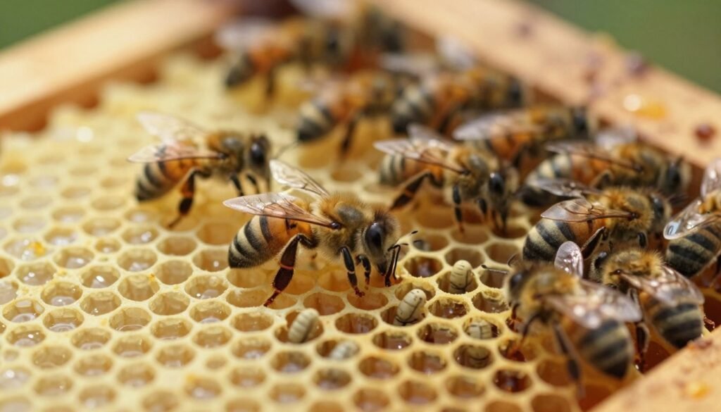 A close-up view of a drone brood inside a beehive, showcasing distinct drone brood cells filled with developing drone bees. The foreground features a honeycomb structure with several drone larvae visible, their healthy, plump bodies contrasting with the waxy, golden hexagonal cells. In the middle ground, softly illuminated by warm natural light filtering through the hive, worker bees can be seen tending to the brood, creating a sense of activity and care. The background is slightly blurred, highlighting the interior of the hive with hints of honey and wax, embodying a warm, serene atmosphere. The image captures a moment of nurturing, emphasizing the relationship between the queen bee and her drone offspring, set in an environment that feels both alive and industrious.