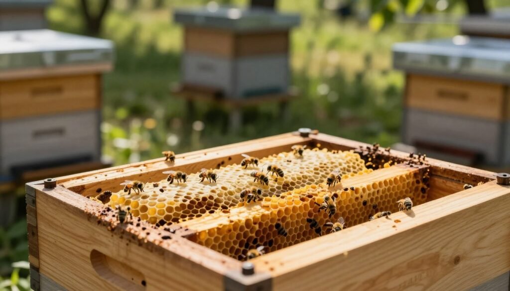A close-up view of a drone comb brood box actively set in a beekeeping environment. In the foreground, detailed mechanics of the wooden brood box are visible, showcasing the honeycomb structure filled with drone cells, painted in warm, golden hues. The middle ground features a few bees busily working around the comb, highlighting their roles in producing drone comb. The background includes a soft-focus apiary with more hives and greenery, creating a tranquil setting. Natural sunlight filters through the leaves creating dappled shadows, enhancing the organic feel of the scene. The composition is captured with a slight depth of field to emphasize the brood box while maintaining an atmospheric, peaceful aura.