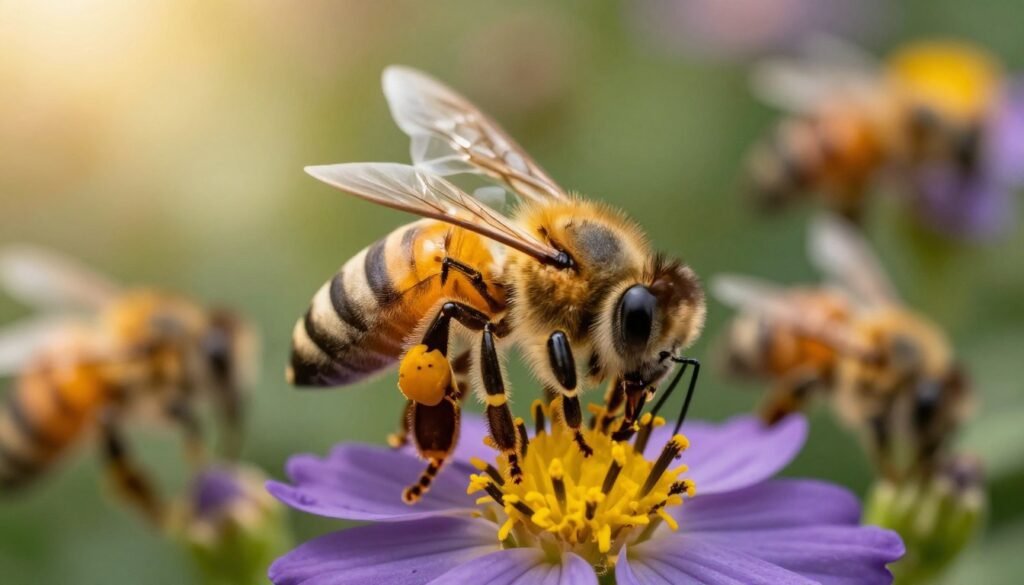A close-up view of a foraging honey bee, showcasing its intricate details like delicate wings, fuzzy body, and bright yellow-black stripes. The bee is actively collecting nectar from a vibrant flowering plant, with blossoms in various shades of purple and yellow filling the foreground. In the middle ground, additional bees can be seen busy at work, creating a sense of community. The background features a lush garden with blurred green foliage and soft sunlight filtering through, casting a warm golden glow. The overall atmosphere is lively and industrious, reflecting the important role of bees in pollination. The image is captured with a macro lens, emphasizing the bee's features, with a shallow depth of field to blur the background and enhance focus on the bee.