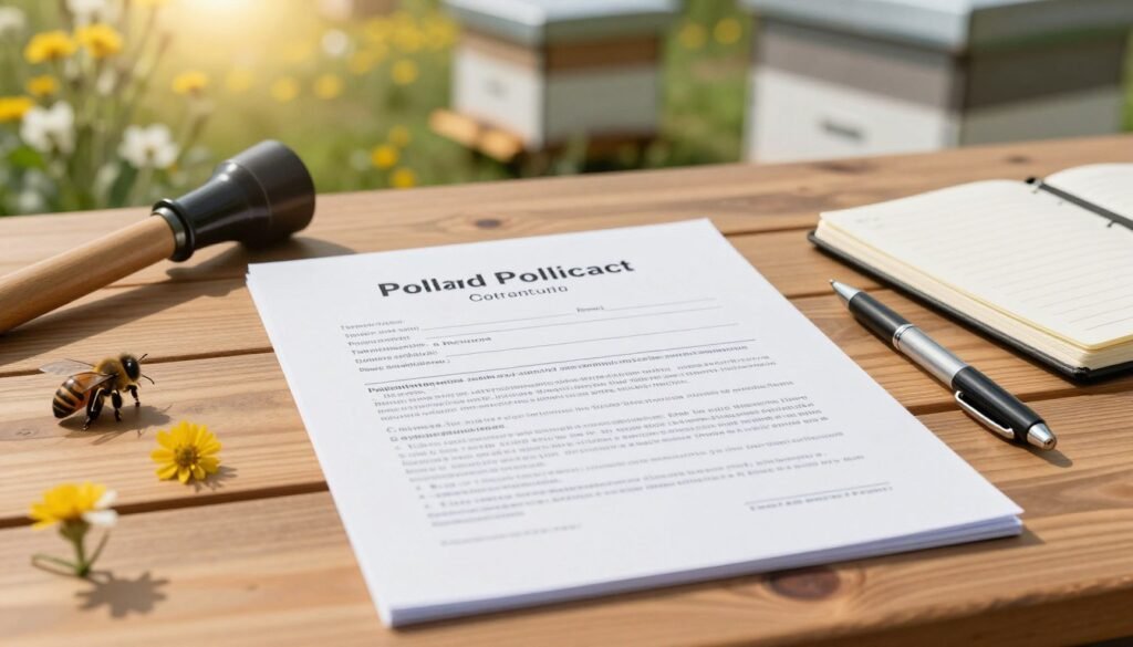 A close-up view of a formal wooden table set with a neatly spread out standard pollination contract document, emphasizing key sections such as payment terms and responsibilities. Surrounding the document are various agricultural tools like a bee smoker, a small notebook, and a pen, all arranged thoughtfully. In the background, a sunny outdoor setting with blooming flowers and beehives hints at pollination work in progress. Soft natural lighting provides a warm, inviting atmosphere, while a slight depth of field effect keeps the focus on the contract details. The image captures the essence of professionalism in agricultural services, illustrating the importance of clear communication in pollination agreements.