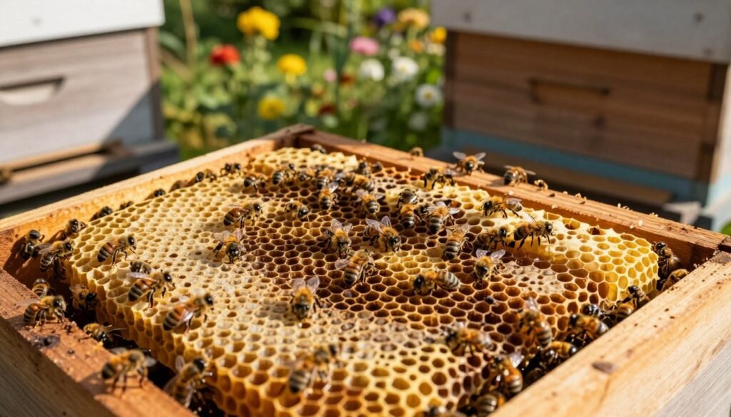 A close-up view of a foundationless beehive, showcasing the intricacies of cross comb formation. In the foreground, vibrant honey bees are busily working amidst irregular, chaotic comb structures that reflect the challenges of foundationless beekeeping. The middle ground features a wooden hive with natural, untreated wood, emphasizing a rustic and organic feel. In the background, a soft-focus garden scene with blooming flowers hints at the bees' foraging environment. The lighting is warm and natural, suggesting late afternoon sunlight streaming through the leaves. The mood is one of quiet observation, encouraging a sense of curiosity about the complexities and risks of foundationless beekeeping. The angle is slightly elevated, giving a comprehensive view of the hive and its surroundings. A close-up view of a foundationless beehive, showcasing the intricacies of cross comb formation. In the foreground, vibrant honey bees are busily working amidst irregular, chaotic comb structures that reflect the challenges of foundationless beekeeping. The middle ground features a wooden hive with natural, untreated wood, emphasizing a rustic and organic feel. In the background, a soft-focus garden scene with blooming flowers hints at the bees' foraging environment. The lighting is warm and natural, suggesting late afternoon sunlight streaming through the leaves. The mood is one of quiet observation, encouraging a sense of curiosity about the complexities and risks of foundationless beekeeping. The angle is slightly elevated, giving a comprehensive view of the hive and its surroundings.