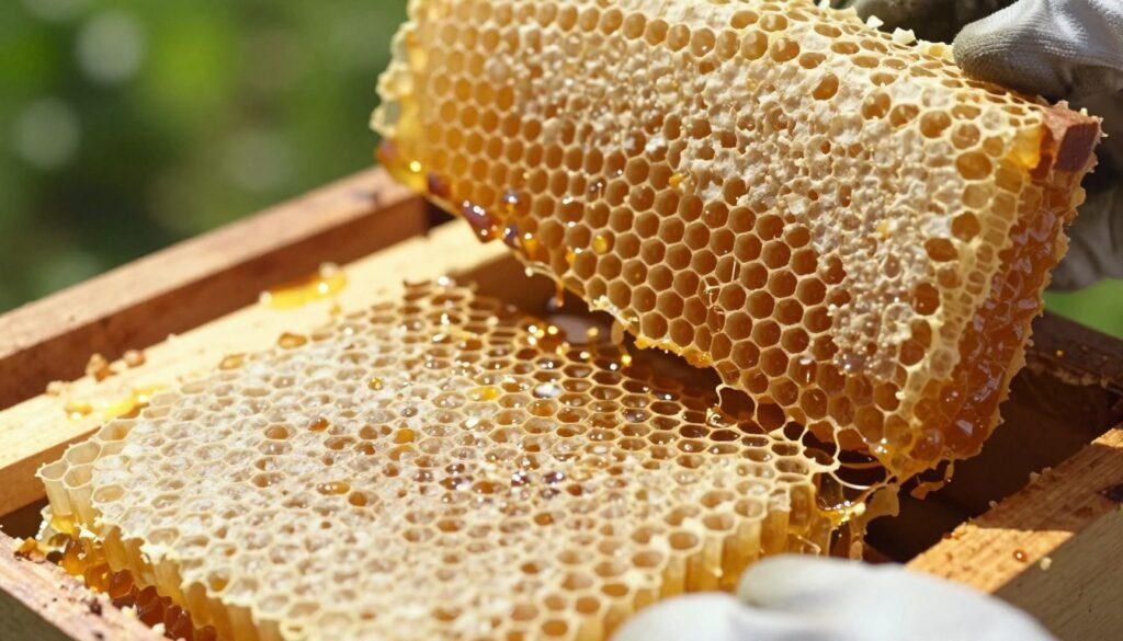 A close-up view of a fragile honeycomb structure, showcasing intricate hexagonal cells with golden honey glistening inside. The scene is set in a bright, natural light, emphasizing the delicate texture and translucency of the comb. In the foreground, a beekeeper's gloved hand gently supports a piece of the comb, demonstrating care during an inspection. In the middle ground, more honeycomb frames can be seen, some showing signs of cross combing with twisted, uneven cells. The background features soft focus elements of a sunlit apiary, with a hint of green foliage. The atmosphere is serene and focused, conveying the importance of handling fragile comb with precision and respect. A close-up view of a fragile honeycomb structure, showcasing intricate hexagonal cells with golden honey glistening inside. The scene is set in a bright, natural light, emphasizing the delicate texture and translucency of the comb. In the foreground, a beekeeper's gloved hand gently supports a piece of the comb, demonstrating care during an inspection. In the middle ground, more honeycomb frames can be seen, some showing signs of cross combing with twisted, uneven cells. The background features soft focus elements of a sunlit apiary, with a hint of green foliage. The atmosphere is serene and focused, conveying the importance of handling fragile comb with precision and respect.