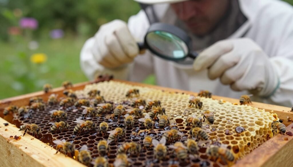 A close-up view of a frame filled with honeycomb that showcases the signs of brood disease in a honeybee colony. In the foreground, focus on the dark, affected cells with crystallized honey and dead larvae, while healthy cells are blurred in the background, depicting a stark contrast. Soft, natural lighting enhances the textures of the honeycomb and the bees. Include a specialized beekeeper in the middle ground, wearing professional attire and gloves, intently examining the frame with a magnifying glass, conveying a sense of urgency and concern. A natural setting outdoors, with hints of flowers and greenery blurred in the distance, creates a calm yet serious atmosphere, highlighting the importance of professional inspection in beekeeping. A close-up view of a frame filled with honeycomb that showcases the signs of brood disease in a honeybee colony. In the foreground, focus on the dark, affected cells with crystallized honey and dead larvae, while healthy cells are blurred in the background, depicting a stark contrast. Soft, natural lighting enhances the textures of the honeycomb and the bees. Include a specialized beekeeper in the middle ground, wearing professional attire and gloves, intently examining the frame with a magnifying glass, conveying a sense of urgency and concern. A natural setting outdoors, with hints of flowers and greenery blurred in the distance, creates a calm yet serious atmosphere, highlighting the importance of professional inspection in beekeeping.