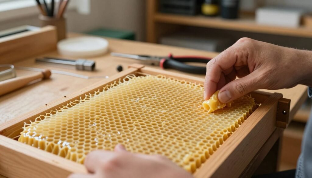 A close-up view of a frame filled with wax foundation, showcasing the intricate honeycomb patterns and the glossy texture of the beeswax. The foreground features hands in modest casual attire, expertly stretching the wax foundation into the wooden frame, demonstrating the wiring process. In the middle ground, a workshop setting with tools such as wire, a wire tensioner, and a pair of pliers is visible, giving context to the task. Soft, natural lighting enhances the warm tones of the beeswax and wood, creating a focused, inviting atmosphere. The background shows shelves filled with beekeeping equipment, subtly blurred to maintain emphasis on the frame and wax foundation. A close-up view of a frame filled with wax foundation, showcasing the intricate honeycomb patterns and the glossy texture of the beeswax. The foreground features hands in modest casual attire, expertly stretching the wax foundation into the wooden frame, demonstrating the wiring process. In the middle ground, a workshop setting with tools such as wire, a wire tensioner, and a pair of pliers is visible, giving context to the task. Soft, natural lighting enhances the warm tones of the beeswax and wood, creating a focused, inviting atmosphere. The background shows shelves filled with beekeeping equipment, subtly blurred to maintain emphasis on the frame and wax foundation.