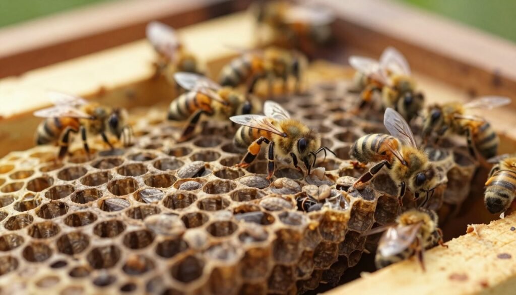 A close-up view of a frame from a beehive displaying multiple queen cells in various stages of development. The foreground features detailed, realistic queen cells, showcasing their elongated, peanut-like shape, with a waxy texture, nestled among worker bees. The middle ground includes active worker bees tending to the cells, exhibiting natural behaviors like feeding and grooming. In the background, a blurred beehive interior creates a warm, inviting atmosphere. Soft, natural sunlight filters through the hive, illuminating the scene with a gentle glow. The overall mood is one of nurturing and vitality, emphasizing the importance of queen rearing within a bee colony. Use a macro lens effect to enhance the intricate details of the cells and bees. A close-up view of a frame from a beehive displaying multiple queen cells in various stages of development. The foreground features detailed, realistic queen cells, showcasing their elongated, peanut-like shape, with a waxy texture, nestled among worker bees. The middle ground includes active worker bees tending to the cells, exhibiting natural behaviors like feeding and grooming. In the background, a blurred beehive interior creates a warm, inviting atmosphere. Soft, natural sunlight filters through the hive, illuminating the scene with a gentle glow. The overall mood is one of nurturing and vitality, emphasizing the importance of queen rearing within a bee colony. Use a macro lens effect to enhance the intricate details of the cells and bees.
