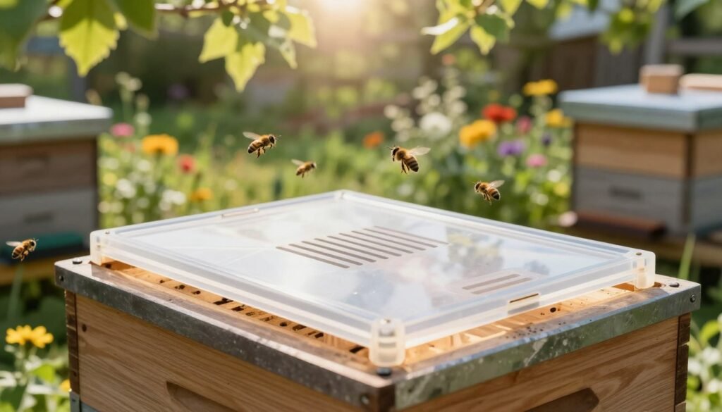 A close-up view of a fume board in a beekeeping setting, placed on a wooden hive. The fume board is featuring a clear, well-defined design with vents and a lid, highlighting its functionality for clearing bees. In the foreground, bees can be seen actively flying around the hive, creating a sense of urgency and movement. The middle ground showcases a bright, sunny day with soft, diffused sunlight filtering through green leaves, casting a warm glow over the scene. The background includes a rustic garden filled with colorful flowers and beehives in various states. The atmosphere feels serene yet purposeful, emphasizing the efficiency of the fume board in beekeeping practices.