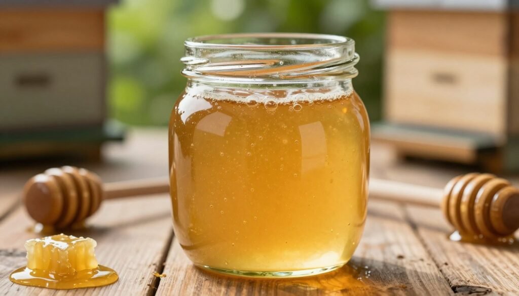 A close-up view of a glass jar filled with golden honey, showcasing tiny bubbles forming on the surface, indicating fermentation. The honey is surrounded by a rustic wooden table, with scattered beeswax and a honey dipper nearby. In the background, soft focus hints of a sunny beehive and lush green foliage can be seen, creating a warm, inviting atmosphere. Soft, natural lighting highlights the golden hues of the honey, casting gentle reflections off the jar. Capture the textures of the honey and the wood, emphasizing the organic and natural aspects of the fermentation process. The scene conveys a sense of curiosity and wonder about the natural transformation of honey after bottling.
