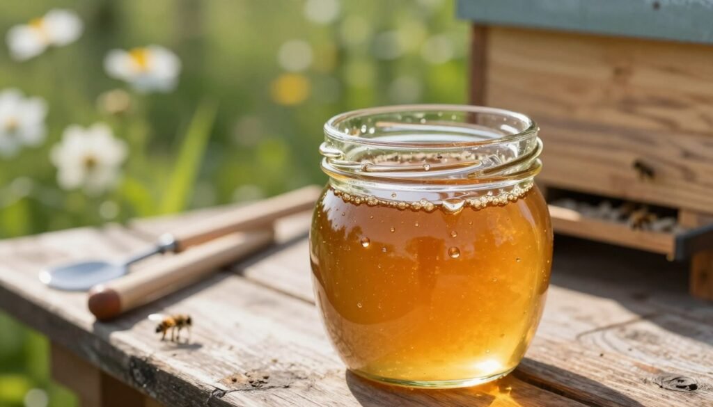 A close-up view of a glass jar filled with golden sugar syrup designed for feeding bee colonies. In the foreground, delicate glistening droplets of syrup cling to the rim of the jar, capturing the sunlight streaming in and creating a warm, inviting glow. The middle ground showcases a rustic wooden table adorned with assorted bee equipment, such as a hive tool and small feeding trays. In the background, soft-focus images of blooming flowers and lush greenery evoke the rich environment bees thrive in, enhancing the connection to pollination. The lighting is natural and bright, emphasizing the sweetness of the syrup, while a shallow depth of field draws attention to the jar, imbuing the scene with a sense of care and nourishment.