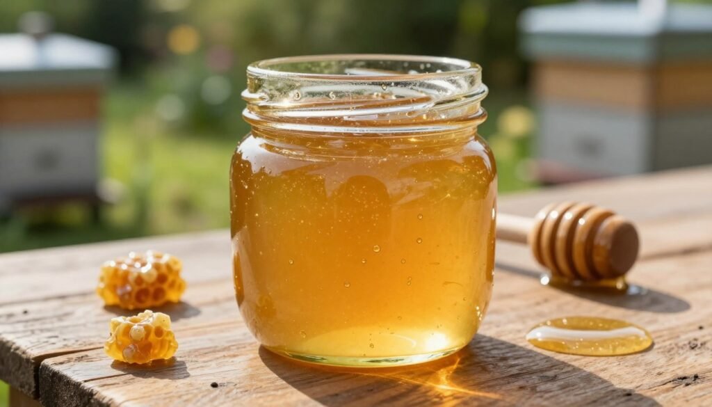 A close-up view of a glass jar filled with golden, viscous propolis honey, showcasing its thick texture and rich color. The foreground highlights the reflective surface of the honey, capturing the warm light pouring in from the side, creating soft highlights and shadows. In the middle, a rustic wooden table contrasts with the jar, adorned with natural bee-related elements like propolis chunks and a honey dipper, symbolizing purity. The background features a blurred garden setting with beehives and soft greenery, enhancing the natural ambiance. The atmosphere is warm and inviting, evoking a sense of quality and ecological harmony, ideal for illustrating the connection between propolis and honey quality in beekeeping.