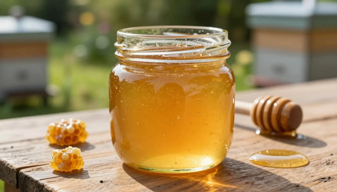 A close-up view of a glass jar filled with golden, viscous propolis honey, showcasing its thick texture and rich color