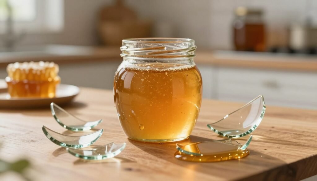 A close-up view of a glass jar filled with honey, positioned on a wooden table, surrounded by shards of broken glass to illustrate glass breakage risks. The foreground features glistening honey spilling from the fractured jar, with droplets catching the light. In the middle, the broken glass pieces vary in size and shape, reflecting soft sunlight, creating a sparkling effect. The background includes blurred elements of a well-organized kitchen setting, with honeycomb and jars stacked on shelves, evoking a warm and inviting atmosphere. The lighting is warm and soft, with a focus on highlights and reflections to emphasize the contrast between fragility and the sweet contents. Use a shallow depth of field to create a dreamy effect on the background.