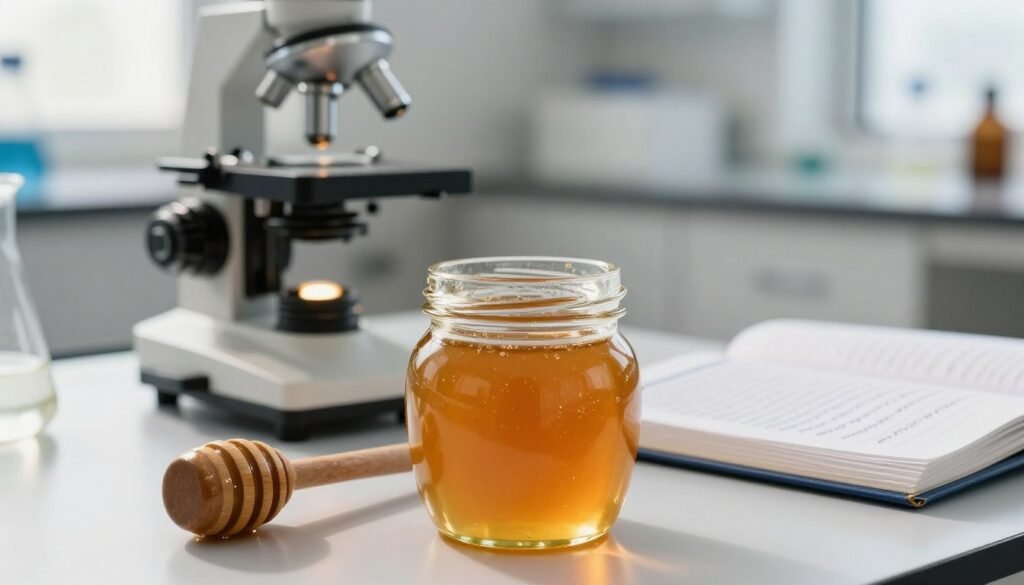 A close-up view of a glass jar of HMF honey, placed in the foreground, with a wooden honey dipper resting beside it. The jar, filled with rich, golden honey, has a subtle reflection showing its clarity and smooth texture. In the middle ground, a microscope with polished metal components on a lab table, symbolizing advanced detection methods, is partially obscured by an open notebook filled with handwritten notes. The background features a softly blurred laboratory setting with white walls, ensuring a clean and professional atmosphere. The lighting is warm and inviting, with natural sunlight streaming through a nearby window, creating a cozy yet scientific ambiance.