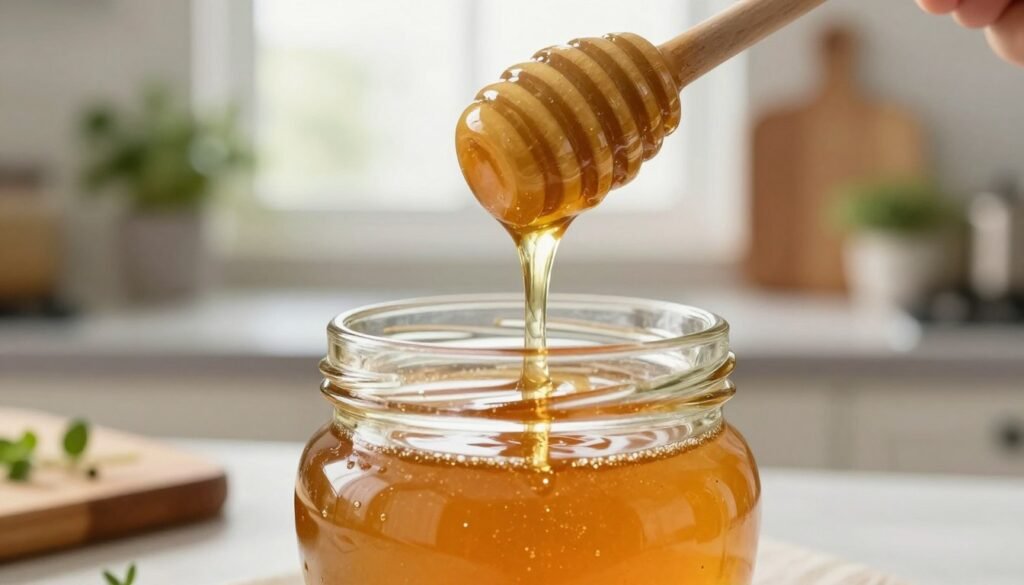 A close-up view of a glass jar of golden honey at room temperature, with a smooth and glossy surface reflecting soft light. The honey flows gently from a honey dipper, capturing the light in delicate droplets. In the background, a kitchen countertop is adorned with natural elements such as wooden cutting boards and small potted herbs, evoking a warm, inviting atmosphere. Soft, diffused sunlight streams through a window, creating a cozy, bright setting that emphasizes the honey’s rich amber color. The focus should be on the honey jar and dipper, highlighting textures and the viscous quality of the honey, with a shallow depth of field that blurs the background slightly, adding to the serene mood. No text or watermarks are present.
