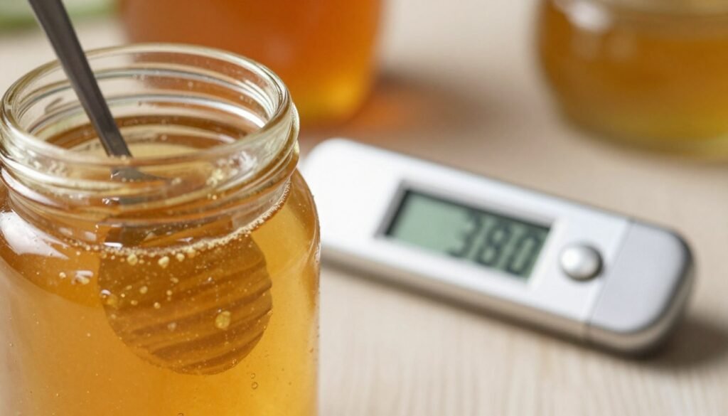 A close-up view of a glass jar of raw honey, with a delicate golden hue, in the foreground. The honey appears slightly crystallized yet glossy, with a spoon partially submerged, reflecting light. In the middle ground, a digital thermometer displaying a safe temperature reading is placed next to the jar, signaling careful monitoring. The background features a softly blurred kitchen setting, with warm, ambient lighting creating an inviting atmosphere, emphasizing the natural aspect of the honey. There should be a gentle contrast between the warm tones of the honey and the cool, metallic thermometer, conveying a sense of precision and caution. The overall mood should evoke a sense of care and attention to detail, focusing on the importance of proper temperature control without damage.