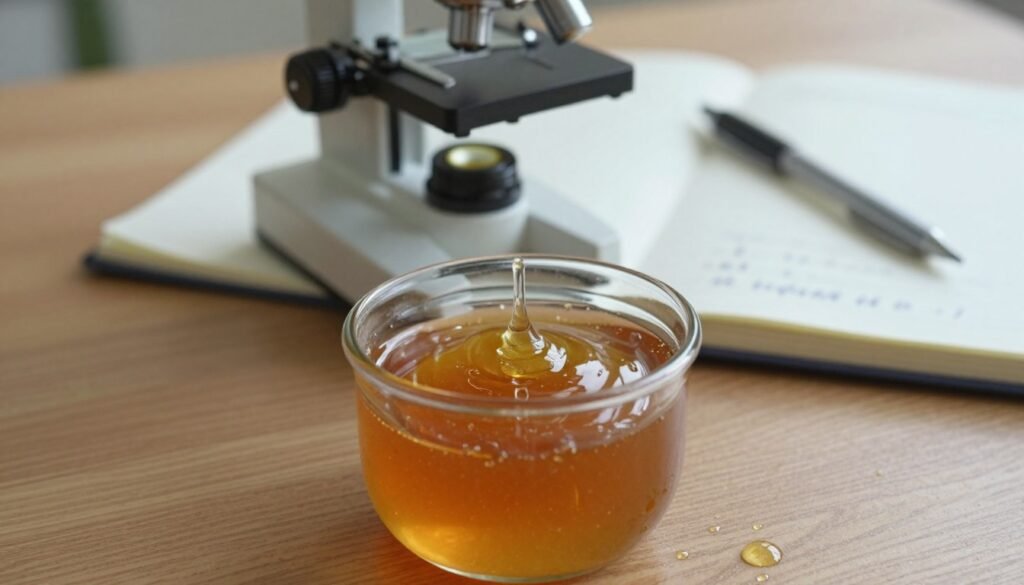 A close-up view of a glass of honey on a wooden table, showcasing its thick, viscous texture glistening under soft natural light. In the foreground, the honey is surrounded by a few droplets of water to illustrate moisture content. The middle layer features a microscope positioned to examine the honey, emphasizing microbial safety. In the background, an open notebook with hand-written notes and a simple pen rests, hinting at scientific exploration. The scene is captured with a shallow depth of field to create a soft blur around the edges, while focusing sharply on the honey. The overall atmosphere is calm and scholarly, inviting contemplation and understanding of water activity in honey. A close-up view of a glass of honey on a wooden table, showcasing its thick, viscous texture glistening under soft natural light. In the foreground, the honey is surrounded by a few droplets of water to illustrate moisture content. The middle layer features a microscope positioned to examine the honey, emphasizing microbial safety. In the background, an open notebook with hand-written notes and a simple pen rests, hinting at scientific exploration. The scene is captured with a shallow depth of field to create a soft blur around the edges, while focusing sharply on the honey. The overall atmosphere is calm and scholarly, inviting contemplation and understanding of water activity in honey.