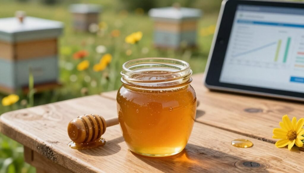 A close-up view of a golden honey jar glistening under soft, natural light, placed on a wooden table with a rustic feel. The jar is intricately designed, showcasing the rich honey inside, with a honey dipper resting beside it, partially dipped in the honey for a dynamic effect. In the background, a blurred image of an apiary with beehives surrounded by vibrant wildflowers, highlighting the connection between technology and nature in a sustainable farming environment. The atmosphere is warm and inviting, emphasizing the sweetness and richness of honey, while suggesting the innovative aspects of beekeeping with subtle high-tech elements like a digital tablet displaying data analytics on yields, just out of focus. The composition is shot from a slightly overhead angle, showcasing all elements harmoniously. A close-up view of a golden honey jar glistening under soft, natural light, placed on a wooden table with a rustic feel. The jar is intricately designed, showcasing the rich honey inside, with a honey dipper resting beside it, partially dipped in the honey for a dynamic effect. In the background, a blurred image of an apiary with beehives surrounded by vibrant wildflowers, highlighting the connection between technology and nature in a sustainable farming environment. The atmosphere is warm and inviting, emphasizing the sweetness and richness of honey, while suggesting the innovative aspects of beekeeping with subtle high-tech elements like a digital tablet displaying data analytics on yields, just out of focus. The composition is shot from a slightly overhead angle, showcasing all elements harmoniously.