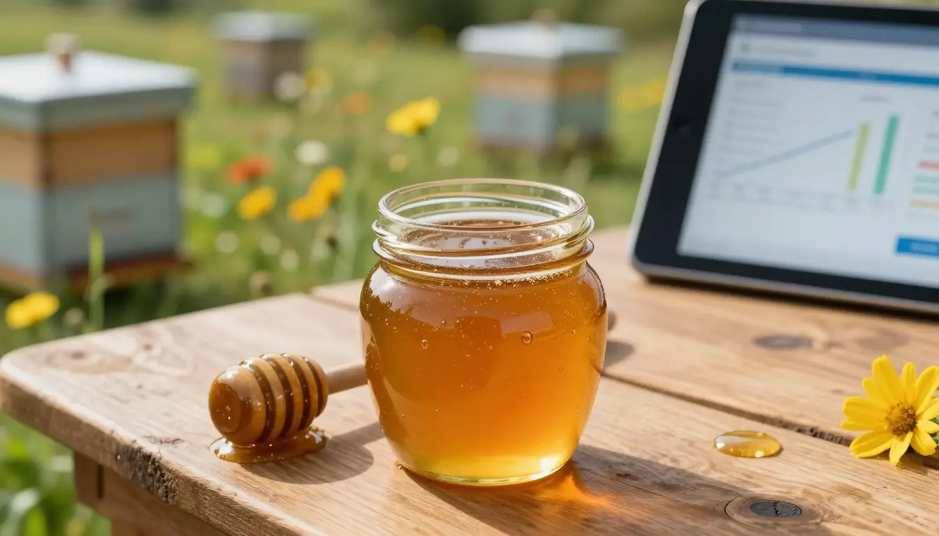 A close-up view of a golden honey jar glistening under soft, natural light, placed on a wooden table with a rustic feel
