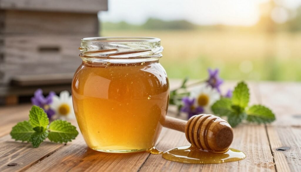 A close-up view of a golden jar of raw honey sitting on a rustic wooden table, capturing the rich, viscous texture and natural color variations of the honey. In the foreground, include a wooden honey dipper resting beside the jar, with honey dripping down its sides, creating an inviting and appetizing scene. In the mid-ground, place a few scattered, fresh wildflowers and a sprig of mint to add color and contrast. The background features soft, blurred images of rustic farm elements, such as a beehive and a sunlit field, conveying a serene, natural atmosphere. Use warm, soft lighting to enhance the honey's golden hues and create a cozy, inviting mood, shot from a slightly elevated angle to emphasize the honey's texture and detail.