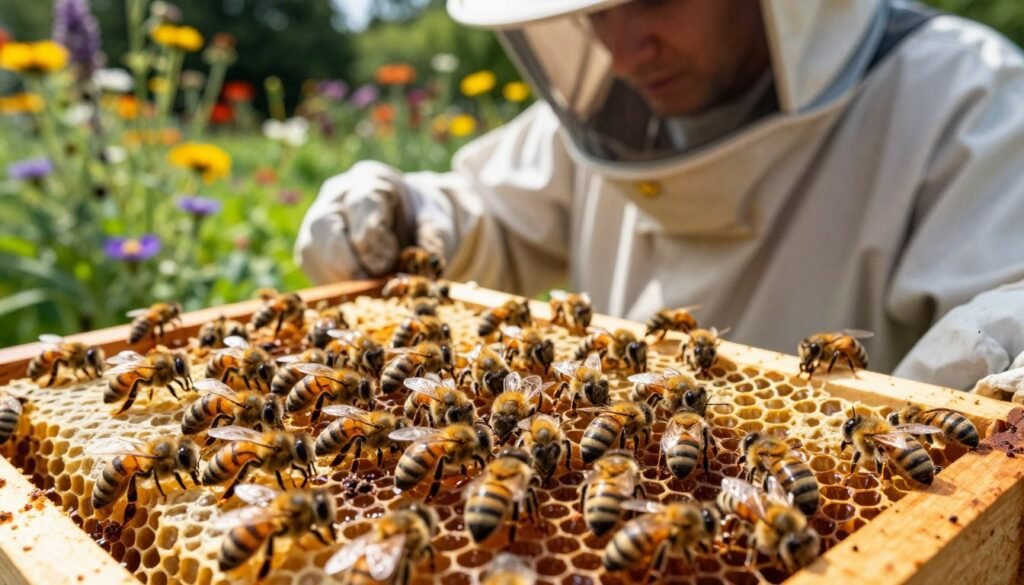 A close-up view of a healthy bee colony during a brood break, illustrating the natural lifecycle of bees. In the foreground, examine bees clustered around honeycomb filled with capped brood and larvae, showcasing their intricate patterns and details. In the middle ground, a beekeeper in a light-colored, protective suit, carefully inspecting the frames, with focused attention to the brood cells. The background features a vibrant garden blooming with wildflowers, with soft sunlight filtering through greenery, creating a warm and inviting atmosphere. The lighting is natural, highlighting the bees' iridescent bodies and the golden honeycomb, while a shallow depth of field emphasizes the subjects in crisp detail, evoking a sense of harmony in nature.