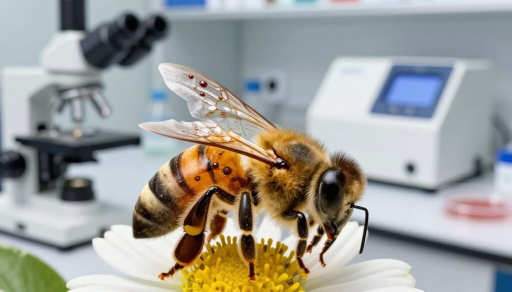 A close-up view of a healthy bee on a flower, showcasing its wings and body details, surrounded by visible signs of viral infection, such as deformed wings and mottled body coloration. In the background, a well-organized laboratory setting with diagnostic equipment such as microscopes, petri dishes, and diagnostic tools like PCR machines, illustrating the scientific approach to identifying viral infections in bees. Soft, natural lighting highlights the bee and the lab equipment, creating a clinical yet vibrant atmosphere. The angle should be slightly tilted to emphasize both the bee and the diagnostic methods, while ensuring a clean, focused composition that reflects the seriousness of bee health and disease diagnostics.