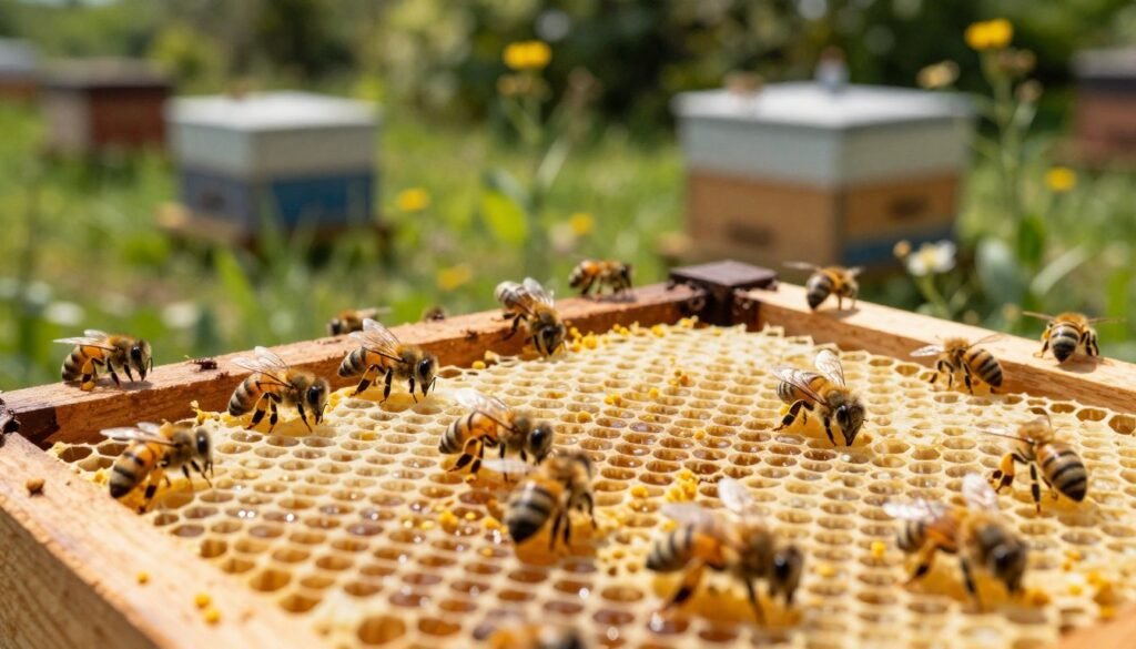 A close-up view of a healthy beehive, showcasing intricate honeycomb structures filled with golden honey and busy bees. In the foreground, several bees are actively working, collecting pollen and maintaining their hive, with a focus on their delicate wings and vibrant yellow stripes. The middle ground features the hive's wooden entrance, slightly ajar, with bees coming and going. In the background, a softly blurred apiary, surrounded by lush greenery and wildflowers, captures the essence of a serene outdoor environment. The sunlight filters through the leaves, casting gentle, dappled light on the hive, creating a warm, inviting atmosphere. The overall mood reflects the harmony of nature and the importance of hive health. The image is in high-resolution, shot with a macro lens to emphasize details.