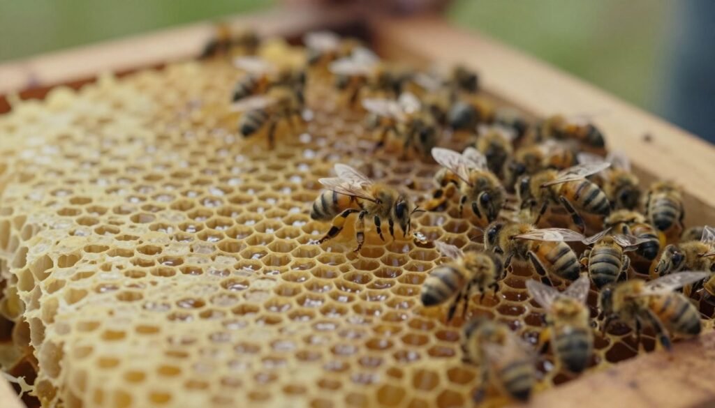 A close-up view of a healthy brood comb, showcasing its intricate hexagonal cells filled with bee larvae and capped honey. The foreground highlights the texture and details of the wax, emphasizing the light sheen on its surface. In the middle, soft-focus honeybees can be seen tending to the brood, contributing to a sense of activity and life. The background features a blurred hive structure, hinting at the bee colony's environment. Soft, natural lighting filters through the hive, creating a warm and inviting atmosphere. The camera angle is slightly tilted, adding depth to the composition while focusing on the brood comb as the central subject. The mood evokes a sense of nurturing and the cyclical nature of beekeeping.