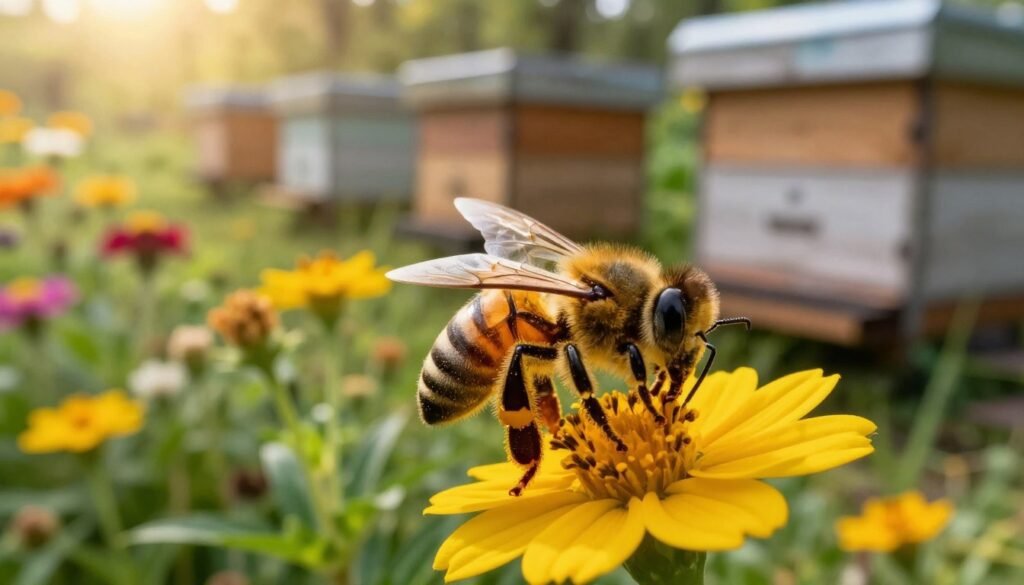 A close-up view of a healthy honey bee in a vibrant garden setting, showcasing its delicate wings and fuzzy body detailed with pollen granules. In the foreground, a bee is perched on a bright flower, its antennae actively sensing the environment. The middle ground features a lush array of flowers, colorful and inviting, while in the background, blurry outlines of beehives can be seen, slightly weathered by time. Soft, golden sunlight filters through the leaves, creating a warm and serene atmosphere. The angle is slightly tilted from above, emphasizing the bee's activity and the bustling life in the garden. The mood is tranquil and uplifting, symbolizing vitality and resilience in the face of environmental challenges.
