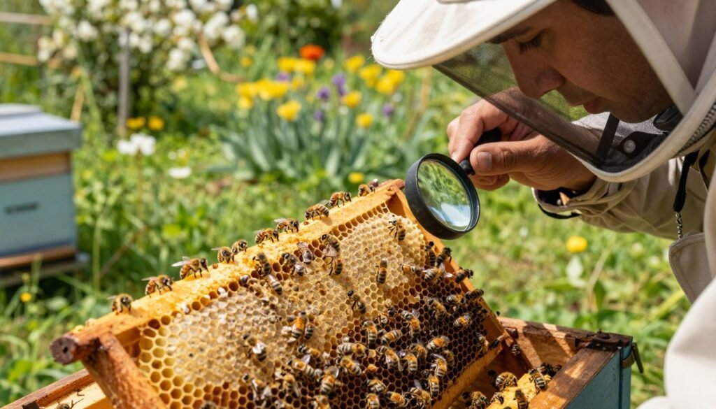 A close-up view of a healthy honeybee comb being inspected in a well-lit outdoor setting, showcasing a beekeeping professional in modest casual clothing, closely examining for varroa mites. In the foreground, a few bees are visible on the honeycomb, while a magnifying glass reflects sunlight, enhancing the focus on the detection process. The middle ground depicts the bees working diligently, with a clear view of the comb and potential mite infestations. The background features a lush green garden with blooming flowers and a distant hive. The atmosphere is calm and focused, with warm sunlight casting soft shadows, creating a sense of diligence and care in bee health management.
