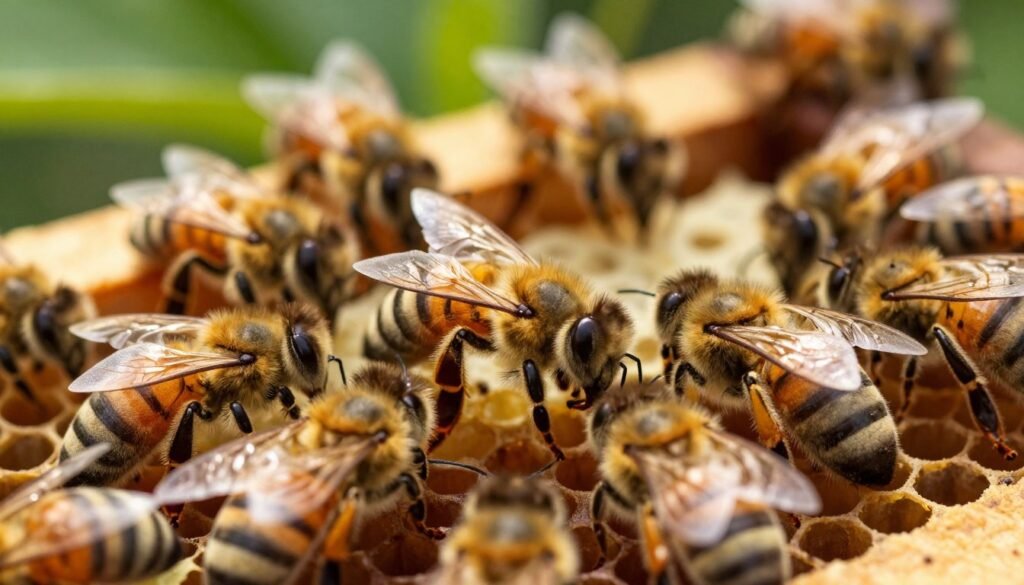 A close-up view of a healthy queen bee surrounded by her worker bees in a vibrant hive, showcasing the intricate details of her body and the attentive behavior of the workers. The foreground features the queen positioned at the center, with a few bees gently touching her, creating a sense of nurturing. In the middle ground, the hive structure with honeycomb visible, displaying a rich texture and depth. The background shows blurred green foliage, indicating an outdoor setting with soft, natural light filtering through the leaves, creating a warm, harmonious atmosphere. The overall mood reflects the importance of evaluating queen performance in bee colonies for maintaining their health, with a focus on clarity and vivid colors.