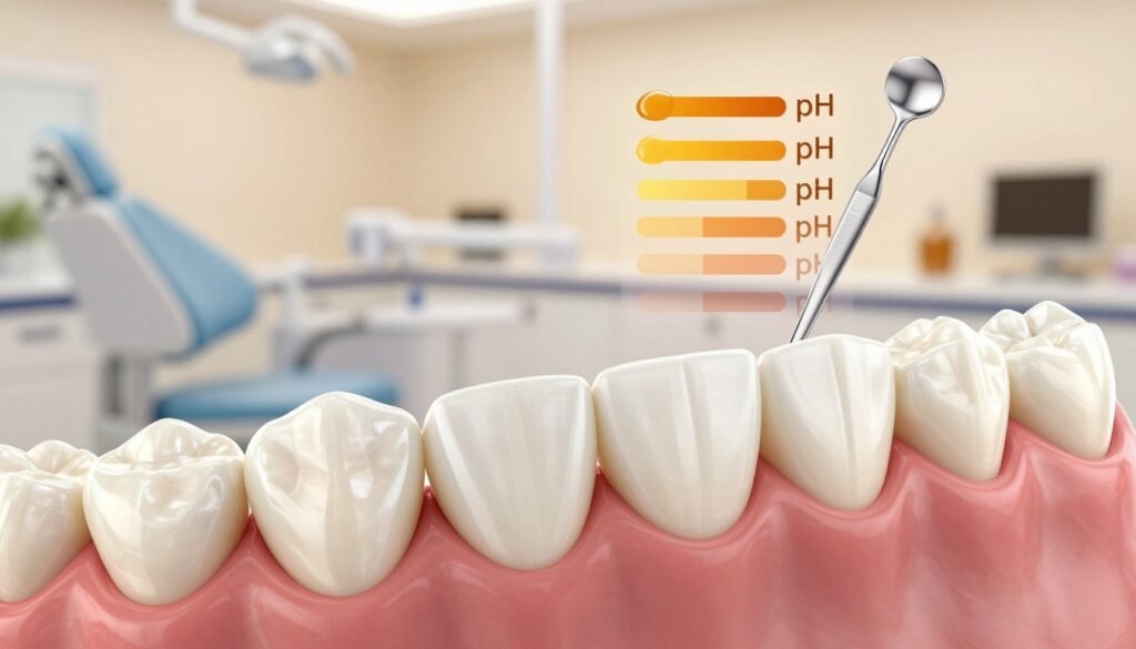 A close-up view of a healthy set of teeth, with a focus on dental enamel and gums, thoughtfully illustrated to highlight the impact of acidity and pH levels on dental health. In the foreground, the teeth shine with a glossy finish, showcasing a minty fresh appearance. The middle area features a visual representation of honey with a gradient scale indicating its pH levels, artistically arranged alongside dental utensils. Background elements include a soft, blurred dental clinic setting with warm, inviting lighting to create a reassuring atmosphere. The image composition should use a slight tilt angle to draw attention to the teeth's health, emphasizing the connection between honey consumption and oral sensitivity while ensuring a professional and clean aesthetic. A close-up view of a healthy set of teeth, with a focus on dental enamel and gums, thoughtfully illustrated to highlight the impact of acidity and pH levels on dental health. In the foreground, the teeth shine with a glossy finish, showcasing a minty fresh appearance. The middle area features a visual representation of honey with a gradient scale indicating its pH levels, artistically arranged alongside dental utensils. Background elements include a soft, blurred dental clinic setting with warm, inviting lighting to create a reassuring atmosphere. The image composition should use a slight tilt angle to draw attention to the teeth's health, emphasizing the connection between honey consumption and oral sensitivity while ensuring a professional and clean aesthetic.