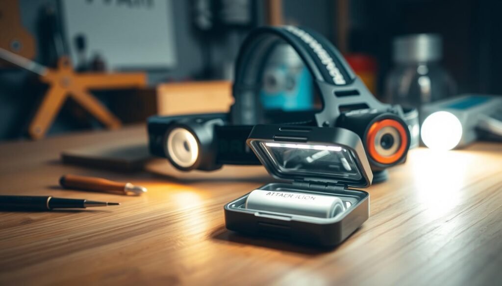 A close-up view of a high-performance headlamp on a wooden table, showcasing its battery life indicator. The headlamp is sleek and modern, with a distinct LED light glowing softly, illuminating the surrounding area. In the foreground, the headlamp's battery compartment is open, revealing a well-maintained lithium-ion battery. In the middle ground, a few tools for upkeep, like a small brush and cleaning cloth, add context. The background features a dimly lit workspace, suggesting an atmosphere of careful maintenance and attention to detail. Soft, warm lighting enhances the scene, evoking a sense of reliability and preparation, ideal for low-light conditions. The focus is sharp on the headlamp, with a gentle bokeh effect on the tools behind it, creating an overall harmonious image that conveys longevity and care in lighting equipment.