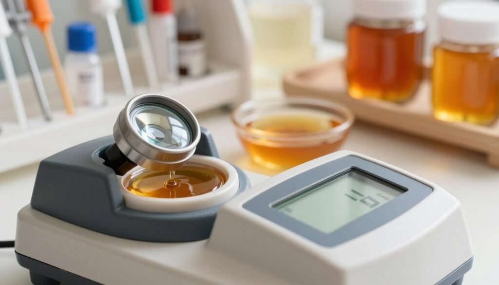 A close-up view of a high-precision refractometer displaying a water content reading. The foreground features the refractometer with its lens glistening under soft, diffused daylight. In the middle, a sample of honey sits in a small, transparent dish, showcasing its rich amber color. In the background, there are shelves lined with various essential tools like pipettes, calibration solutions, and honey jars, all well-organized and clearly visible. The lighting is bright yet warm, creating an inviting and informative atmosphere. The angle is slightly tilted to emphasize the refractometer's display, lending a sense of focus and professionalism to the image. The overall mood is one of precision, care, and technical expertise. A close-up view of a high-precision refractometer displaying a water content reading. The foreground features the refractometer with its lens glistening under soft, diffused daylight. In the middle, a sample of honey sits in a small, transparent dish, showcasing its rich amber color. In the background, there are shelves lined with various essential tools like pipettes, calibration solutions, and honey jars, all well-organized and clearly visible. The lighting is bright yet warm, creating an inviting and informative atmosphere. The angle is slightly tilted to emphasize the refractometer's display, lending a sense of focus and professionalism to the image. The overall mood is one of precision, care, and technical expertise.