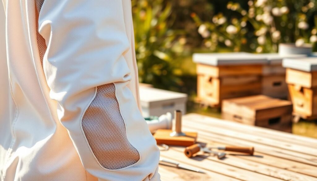 A close-up view of a high-quality bee suit designed for maximum comfort and ventilation. The foreground features a lightweight white suit made of breathable fabric, emphasizing mesh panels under the arms and along the sides for airflow. A professional beekeeper, dressed in modest protective gear, is wearing the suit, showcasing the fine details like reinforced stitching and adjustable cuffs. In the middle, tools like a bee smoker and hive tool rest on a wooden table, hinting at the beekeeper’s work. The background captures a sunny, outdoor setting with blooming flowers and hives, bathed in warm, golden sunlight to create a cheerful and productive mood. The angle is slightly tilted to give depth, with soft bokeh effect, highlighting the suit while softening the surrounding elements.
