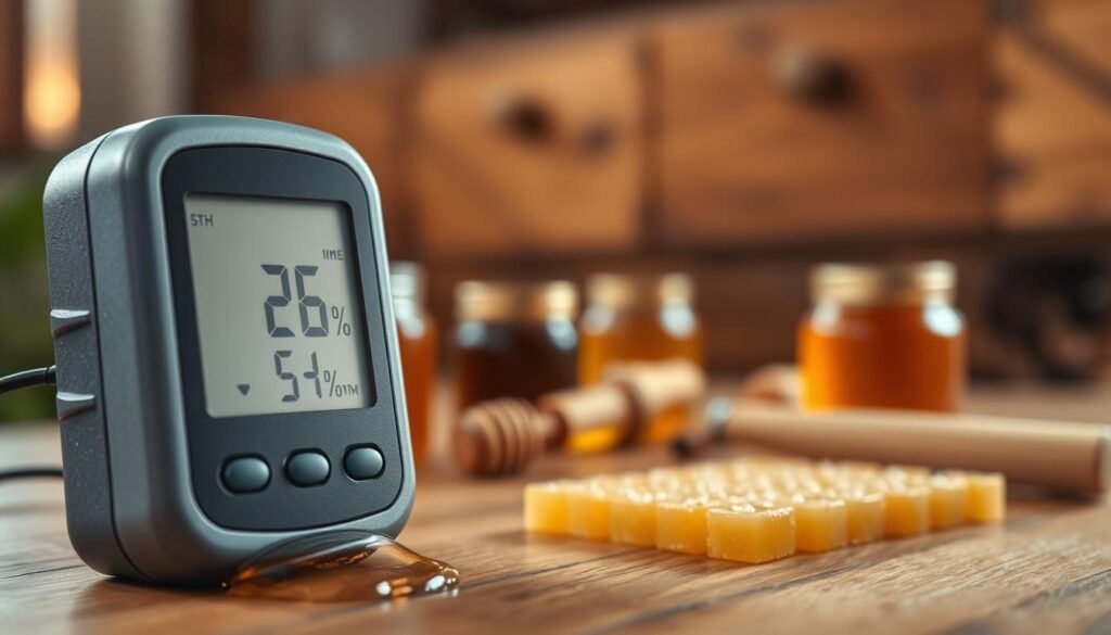 A close-up view of a high-quality humidity meter positioned on a wooden surface, emphasizing its sleek digital display. In the foreground, the meter shows a clear readout of the current humidity percentage, with water droplets subtly visible nearby to signify moisture. The middle ground features jars of honey and honeycombs, highlighting the connection to honey processing. In the background, there are blurred images of wooden beehives and soft, warm lighting, creating a cozy and inviting atmosphere. The scene is well-lit to showcase the details of the meter and the honey, capturing the essential tools for monitoring humidity in honey processing rooms. The focus is sharp, with a depth of field that gently blurs the background, adding to the professional ambiance.