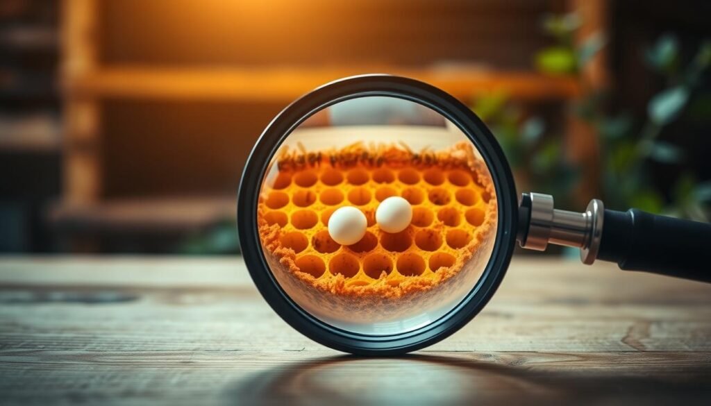 A close-up view of a high-quality magnifying lens, focusing on the intricate details of a bee frame with honeycomb and eggs visible through the lens. In the foreground, the lens sits elegantly on a wooden table, reflecting soft, natural light. The middle layer features a bee frame prominently illuminated, showcasing eggs nestled in the cells, emphasizing the importance of careful inspection. The background fades softly, featuring a blurred beehive and gentle greenery, creating an atmosphere of tranquility and precision. The lighting is warm and inviting, evoking a sense of careful observation and dedication. Overall, the image conveys a professional, focused mood, perfect for a detailed examination of bee egg inspections.