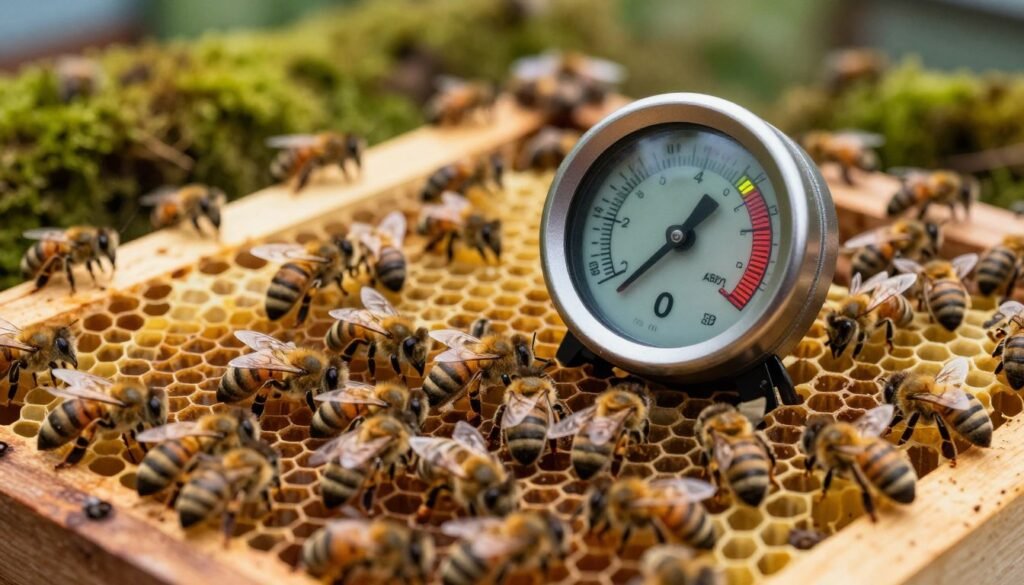 A close-up view of a high-tech bee hive interior, showcasing the hive temperature gauge prominently in the foreground. The gauge displays vibrant, fluctuating temperature readings, surrounded by bustling bees engaging in various activities within their hexagonal wax chambers. In the middle ground, a detailed cross-section of the hive reveals the intricate structure, blending natural and artificial lighting to create a warm, inviting atmosphere. The background features soft focus on mossy greenery to emphasize a harmonious environment, adding warmth to the scene. The overall mood should convey a sense of vitality, balance, and the impact of environmental stressors on bee life. Use a shallow depth of field to highlight the temperature gauge while keeping the bees in comfortable focus, creating an engaging and informative visual.