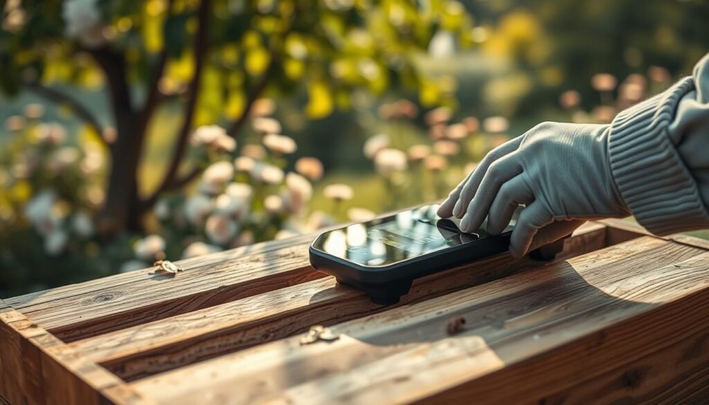 A close-up view of a high-tech hive scale designed for beekeeping, showcasing its digital interface displaying real-time data. The scale is placed on a rustic wooden beehive, with hexagonal honeycomb patterns subtly reflected on the scale's glossy surface. In the foreground, a pair of gloved hands, in modest casual attire, adjust the scale, emphasizing the human interaction with technology. The background features a lush garden with blooming flowers, softly blurred to create depth. Warm, natural lighting filters through the trees, casting gentle shadows and creating an inviting atmosphere. The overall mood conveys a blend of innovation and harmony with nature, ideal for beekeeping enthusiasts. A close-up view of a high-tech hive scale designed for beekeeping, showcasing its digital interface displaying real-time data. The scale is placed on a rustic wooden beehive, with hexagonal honeycomb patterns subtly reflected on the scale's glossy surface. In the foreground, a pair of gloved hands, in modest casual attire, adjust the scale, emphasizing the human interaction with technology. The background features a lush garden with blooming flowers, softly blurred to create depth. Warm, natural lighting filters through the trees, casting gentle shadows and creating an inviting atmosphere. The overall mood conveys a blend of innovation and harmony with nature, ideal for beekeeping enthusiasts.