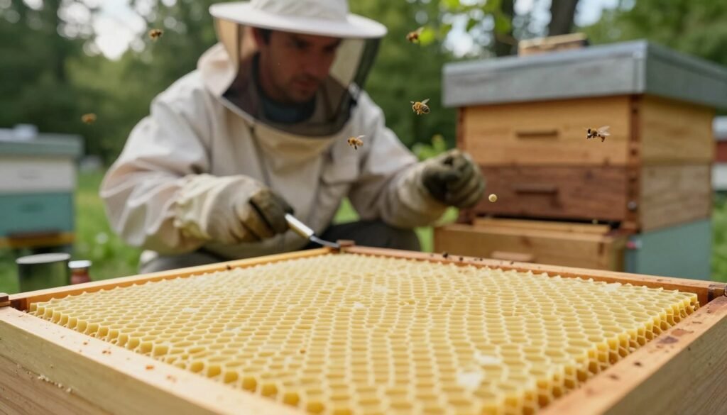 A close-up view of a highly detailed waxed plastic foundation for beekeeping, situated prominently in the foreground, showcasing its textured surface and hexagonal cell patterns. In the middle ground, a hobbyist beekeeper with a modest casual outfit examines the foundation, using a pair of gloves and a focused expression, surrounded by various apiculture tools like a bee smoker and hive tool. The background features a well-maintained wooden beehive, with bees flying around, capturing the essence of a busy apiary environment. Soft, natural sunlight filters through the trees, creating a warm, inviting atmosphere. The composition is balanced, with a shallow depth of field to emphasize the foundation while keeping the beekeeper and hive in a focused context.