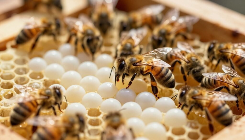 A close-up view of a hive interior showcasing the delicate egg placement and laying behavior of a queen bee. The foreground features a cluster of wax cells, with some containing freshly laid eggs, appearing pearly white against the golden honeycomb. In the middle ground, the queen bee is seen actively laying eggs, her elongated abdomen extending into the cells, surrounded by worker bees tending to the brood. The background is softly blurred to emphasize the action, with gentle sunlight filtering through the hive, creating a warm, inviting atmosphere. The lens focuses closely to highlight the intricate details of the bees and their environment, evoking a sense of calm and industriousness within the hive.