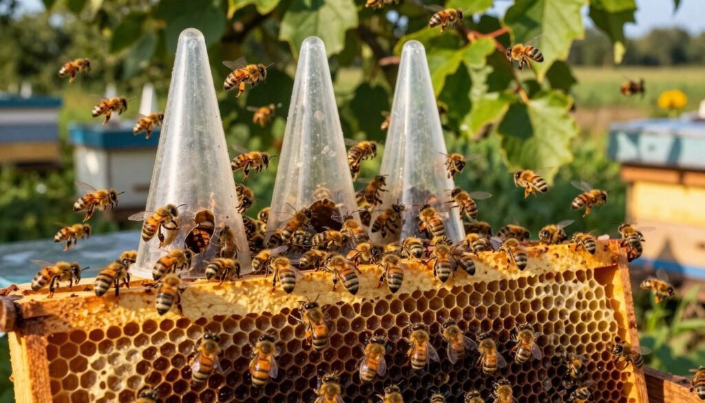 A close-up view of a hive surrounded by lively bees in mid-flight, showcasing a "bee escape" scenario. In the foreground, detail the hexagonal shape of honeycomb frames partially filled with honey, with bees actively clustering around them. The middle layer features clear escape cones positioned on top of the hive, with bees buzzing around, visibly drawn to the openings. The background presents a rural apiary setting bathed in warm afternoon sunlight filtering through lush green leaves, casting gentle shadows. The mood is dynamic and industrious, encapsulating the urgency and natural beauty of bee activity. The composition is strikingly captured from a slight low angle, emphasizing the scale of the hive against the vibrant backdrop.