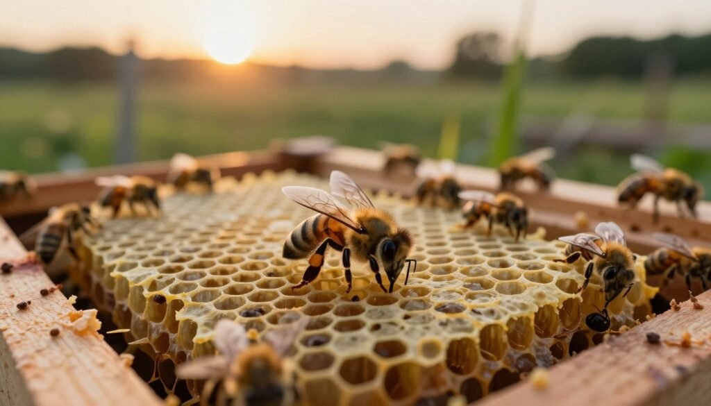 A close-up view of a honey bee actively building natural comb using foundationless frames, illustrating the intricate hexagonal patterns of beeswax. The foreground captures the bee in sharp detail, showcasing its delicate wings and fine hairs. In the middle ground, frames laden with partially constructed comb are visible, intermingling with bees in various stages of work. The background features a softly blurred apiary filled with lush greenery under a warm, golden sunset, creating a serene atmosphere. The lighting is soft and diffused, highlighting the bees and their work while casting gentle shadows. The image conveys a sense of harmony and stability within the natural world, emphasizing the importance of supporting the bees’ natural comb-building behavior. A close-up view of a honey bee actively building natural comb using foundationless frames, illustrating the intricate hexagonal patterns of beeswax. The foreground captures the bee in sharp detail, showcasing its delicate wings and fine hairs. In the middle ground, frames laden with partially constructed comb are visible, intermingling with bees in various stages of work. The background features a softly blurred apiary filled with lush greenery under a warm, golden sunset, creating a serene atmosphere. The lighting is soft and diffused, highlighting the bees and their work while casting gentle shadows. The image conveys a sense of harmony and stability within the natural world, emphasizing the importance of supporting the bees’ natural comb-building behavior.