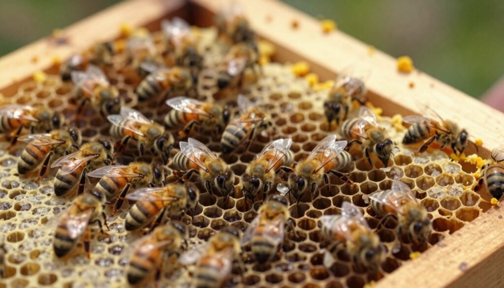 A close-up view of a honey bee brood frame, showcasing a failing queen brood pattern. In the foreground, focus on irregularly shaped and scattered brood cells containing larvae, some appearing unhealthy or empty. The middle ground features worker bees that look disoriented and less active than usual, clustering around the brood. In the background, the wooden hive frame is lined with honeycomb and hints of pollen, softly illuminated by natural sunlight emphasizing the delicate textures of the bees and brood. The atmosphere is one of concern, as the image conveys the subtle signs of a struggling bee colony, with a shallow depth of field to enhance the detail on the brood cells.
