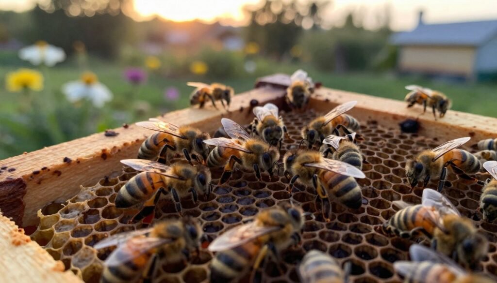 A close-up view of a honey bee brood nest, showcasing the intricate pattern of hexagonal wax cells filled with larvae and pupae. In the foreground, focus on several bees tending to the brood, their wings shimmering in the soft evening light. The middle ground features a wooden hive frame, slightly weathered, surrounded by gentle buzzing and activity, capturing the essence of a thriving colony. The background consists of a softly blurred garden, hinting at blooming flowers and greenery, illuminating the scene with a warm, golden hour glow. The atmosphere is calm yet dynamic, inviting the viewer to appreciate the delicate balance of life within the hive. Use a macro lens perspective to enhance the details, with a depth of field that creates a soft bokeh effect in the background.