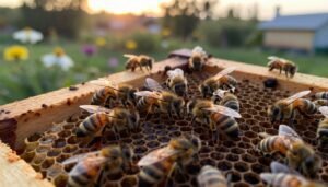 A close-up view of a honey bee brood nest, showcasing the intricate pattern of hexagonal wax cells filled with larvae and